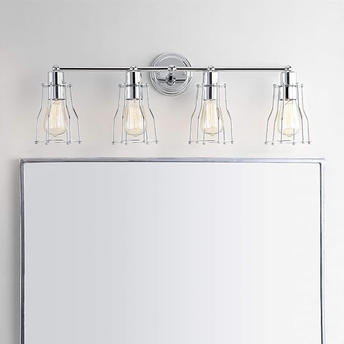 JONATHAN Y 29.5" Chrome Modern Industrial Metal Vanity Light, Bathroom Sconce for Mirror, Reversible 4-Light Wall Lamp with Metal Cage Shade for Hallway, LED Bulb Included (JYL7418A)