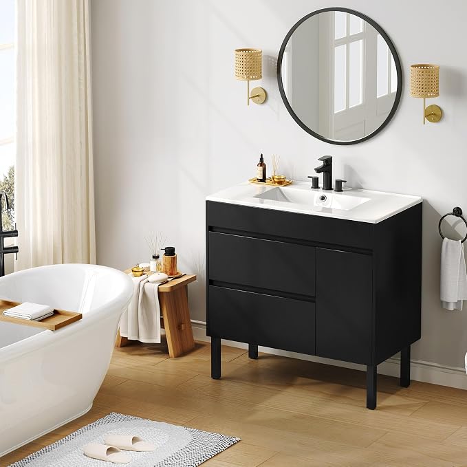 YITAHOME 36 Inch Bathroom Vanity with Sink | Bathroom Cabinet Vanity for Media Space, Freestanding Storage Bathroom Vanity with 1 Soft Closing Cabinet & 2 Drawers, Black