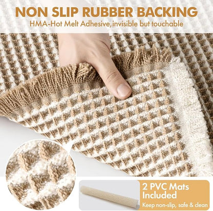 MIULEE Set of 2 Waffle Bathroom Rugs Brown&White Bath Mat 17"x24"+17"x48" | Non Slip, Super Absorbent, Washable, Ultra Soft, Rubber Backed, Small Boho Bath Rug and Bathroom Runner for Floor Tub Shower