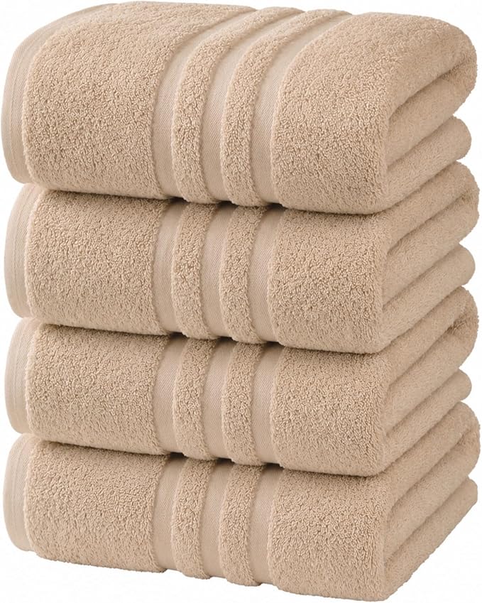Velqora Bath Towels, 4 Pack, 30x60 in, 100% Cotton, Soft & Absorbent, Beige | Balanced Weight | Everyday Comfort | Easy Care