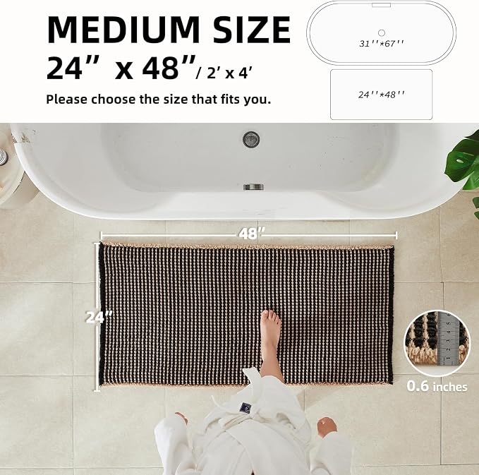 TYUU Waffle Bath Mat, Boho Bathroom Rugs Non Slip, 48x24 Khaki & Black | Super Absorbent Quick Dry Bath Rug, Non-Slip Backing, Soft Waffle Washable Farmhouse Bathroom Mats, Tub, Shower & Home Decor