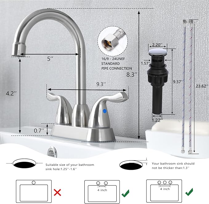 Brushed Nickel Bathroom Sink Faucet, 2 Handle 4 Inch Centerset Bathroom Faucet, 3 Hole Small Bathroom Sink Faucet with Supply Lines and Pop-up Drain, RV faucets for Camper Lavatory Vanity