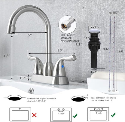 Brushed Nickel Bathroom Sink Faucet, 2 Handle 4 Inch Centerset Bathroom Faucet, 3 Hole Small Bathroom Sink Faucet with Supply Lines and Pop-up Drain, RV faucets for Camper Lavatory Vanity
