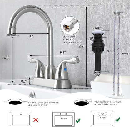 Hotis 2 Pack Bathroom Sink Faucet Brushed Nickel, 4 Inch 2 Handle Bathroom Sink Faucet for 1 or 3 Hole, Centerset Bathroom Faucet for Sink Vanity, with Pop-up Drain and Supply Hoses, HT-BF201