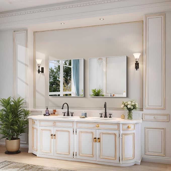 YIROMAN Bathroom Mirror 24"x24", Brushed Silver Bathroom Mirror for Over Sink with Aluminum Frame, Square Vanity Mirror with Right Angle, Wall Mirror Hangs Horizontal or Vertical