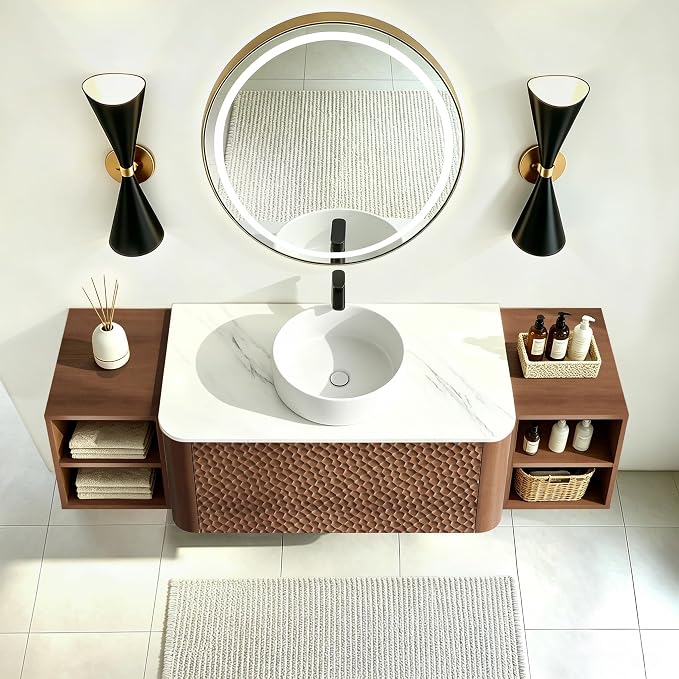 60 Inch Modern Bathroom Vanity with Ceramic Sink, Floating Bathroom Sink Cabinet with Sintered Stone Top&Solid Wood Hammered Frame, Single Bathroom Vanities w/Soft-Close Drawer&2 Side Open Cube
