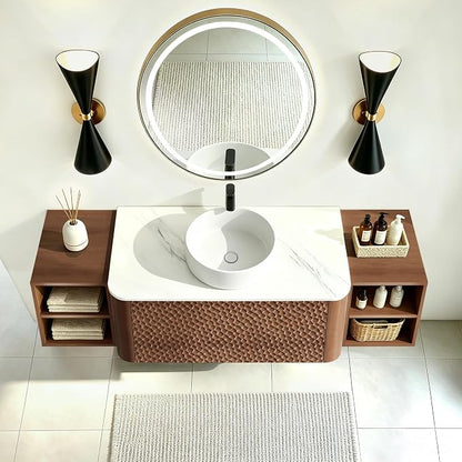 60 Inch Modern Bathroom Vanity with Ceramic Sink, Floating Bathroom Sink Cabinet with Sintered Stone Top&Solid Wood Hammered Frame, Single Bathroom Vanities w/Soft-Close Drawer&2 Side Open Cube