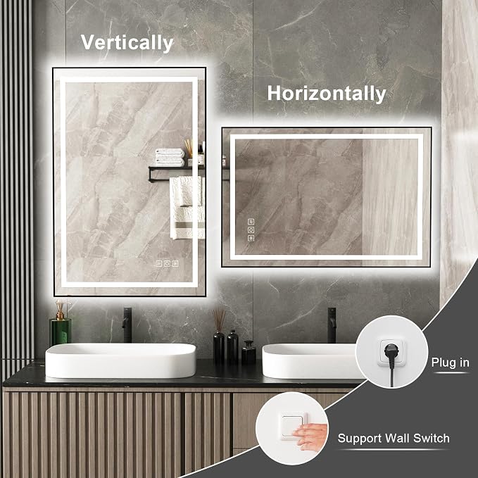 18x24 inches Rectangular Aluminum Black Framed LED Mirror, Smart Bathroom Mirror with Lights, Anti-Fog, Tempered Glass, 3 Colors Dimmable, Front and Backlit, Wall Mounted, Memory