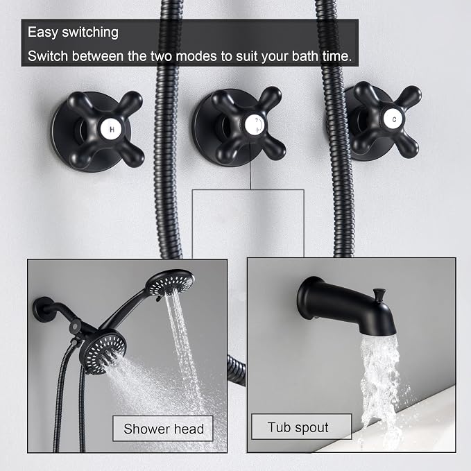 3 Handle Tub and Shower Faucet Set, Three Handle Shower Faucet with Tub Spout 3 Knob Bathtub Faucet Trim Kit with Valve, Matte Black