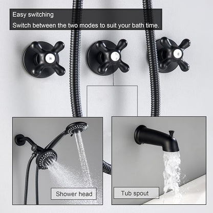 3 Handle Tub and Shower Faucet Set, Three Handle Shower Faucet with Tub Spout 3 Knob Bathtub Faucet Trim Kit with Valve, Matte Black