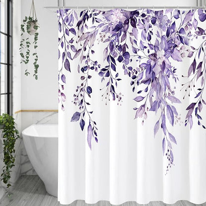 Purple Eucalyptus Shower Curtain, Watercolor Floral Print, 108x72 | Watercolor Plant Leaves Floral Print, Waterproof Fabric Bathroom Decor, Machine Washable, Rustproof Grommets