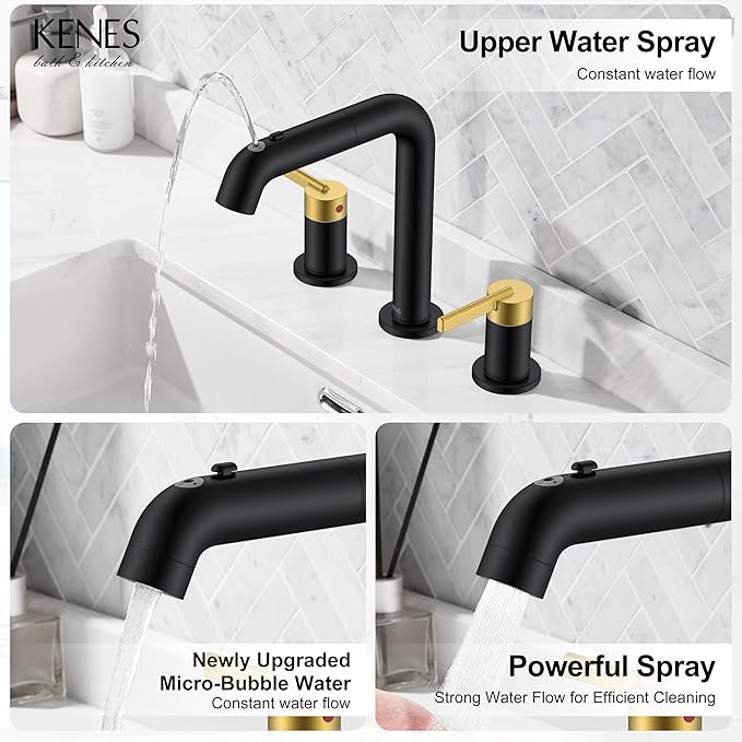 KENES Black and Gold Pull Out Widespread Bathroom Faucet 3 Hole, 8 Inch 2 Handle Bathroom Sink Faucet with Pull Out Sprayer, Vanity Faucet with Pop Up Drain & Supply Lines LJ-9058A-BG