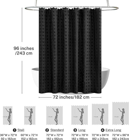 Extra Long Black Boho Shower Curtain Woven Fabric Cute Shower Curtain, 72 x 96 Tufted Pleat Floral Textured Modern Farmhouse Minimalist Shower Curtain Set with Hooks for Bathroom