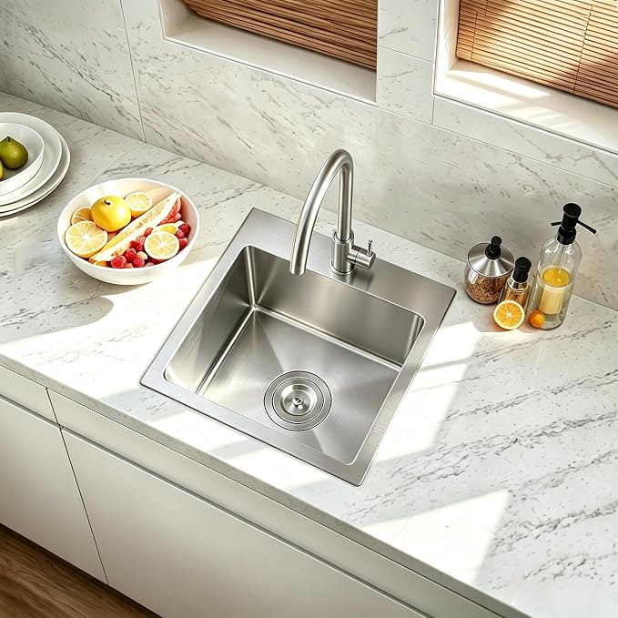 Comllen 18x18 Inch Drop in Bar Sink,Top Mount Handmade 16 Gauge Stainless Steel Small Kitchen Sink,9 Inch Deep Single Bowl Workstation Wet Bar Sink with Stainless Steel Grid & Strainer