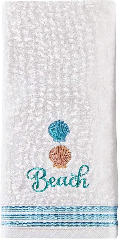 SKL Home South Seas Hand Towel Set-2pc, Coastal Embroidery, White | 100% Cotton. Soft, absorbent terry. For use in the bathroom, kitchen or bar. Great for Airbnb & beach décor.