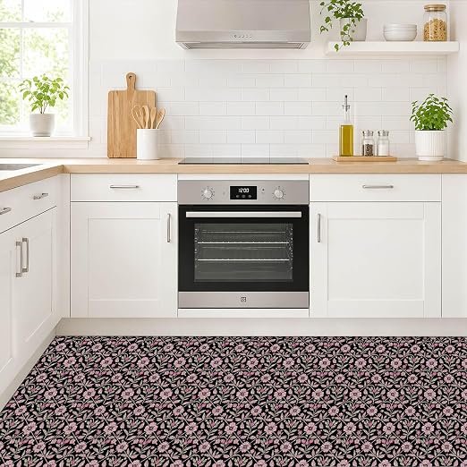 Black Pink Floral Peel and Stick Floor Tiles 12x12 Inch 10PCS | Pink floral vine pattern on a black background vinyl floor stickers for kitchen bathroom entryway and indoor home decor