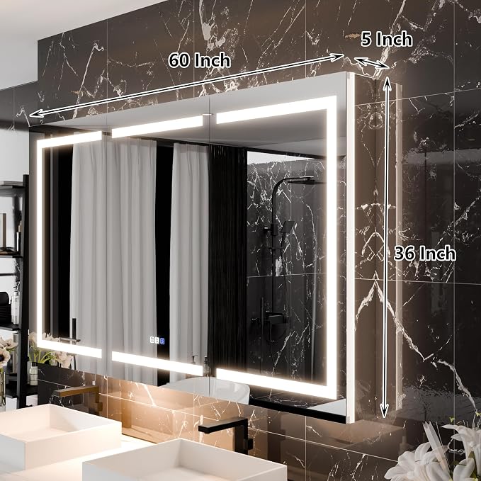 60"x36" Smart LED Medicine Cabinet with Mirror - Triple Door Bathroom Storage, Anti-Fog Technology, 3-Color Stepless Dimming, 5X Magnifier, Night Light, Soft-Close Hinges