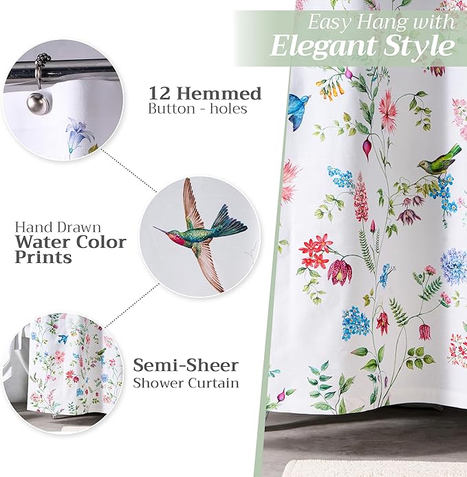 Maison d' Hermine Shower Curtain 100% Cotton One Panel 70"x72" Washable Fabric Shower Curtains for Bathroom, Easy Hanging with 12 Button Holes - Home Hotel Spa Easter Gifts(Neo Ipomee - Multi)