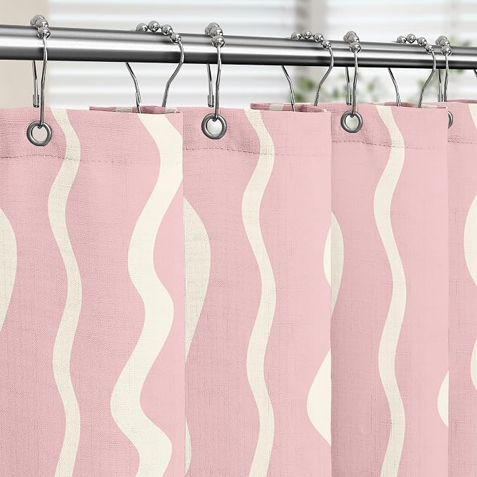 Tititex Cute Curvy Wavy Lines 140gsm Faux Linen Fabric Shower Curtain, Elegant Beige Pink Wave Striped Shower Curtain Sets Decoration 72x72 Inch with Hooks
