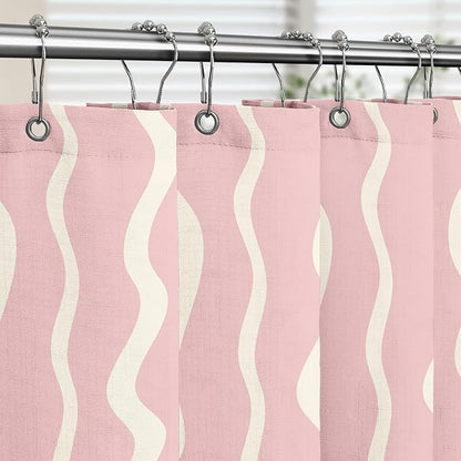 Tititex Cute Curvy Wavy Lines 140gsm Faux Linen Fabric Shower Curtain, Elegant Beige Pink Wave Striped Shower Curtain Sets Decoration 72x72 Inch with Hooks