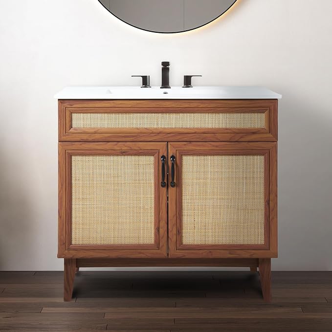 JONATHAN Y Javer Bohemian Rattan Freestanding Bath Vanity, 36", Walnut | 18" Deep, 33" High, 2 Soft-Close Doors, Caned Paneling, 2-Shelf Storage, Basin Not Included, Modern Farmhouse Style