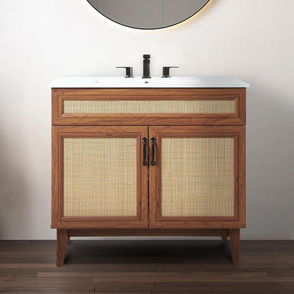 JONATHAN Y Javer Bohemian Rattan Freestanding Bath Vanity, 36", Walnut | 18" Deep, 33" High, 2 Soft-Close Doors, Caned Paneling, 2-Shelf Storage, Basin Not Included, Modern Farmhouse Style