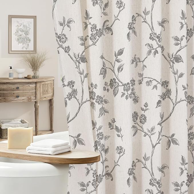 MitoVilla Extra Long Linen Floral Shower Curtain for Bathroom,72 x 84 | Extra Long BoHo Cottagecore Spring Shower Curtains, Modern Farmhouse Country Plant Leaves Bathroom Décor, 72 x 84