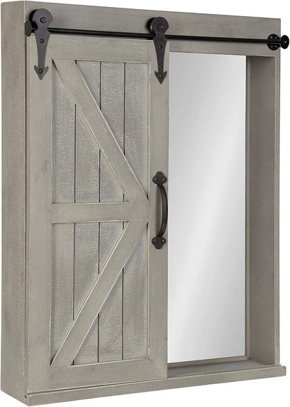 Kate and Laurel Cates Decorative Wood Wall Storage Cabinet with Rectangle Mirror and Sliding Barn Door, 22 x 28, Rustic Gray, Farmhouse Decor for Wall Storage