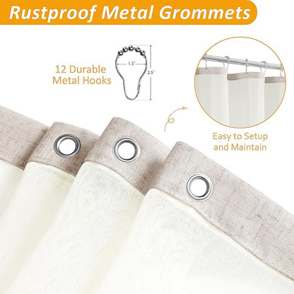 Linen Shower Curtain 78 Inches for Bathroom Cream Double Layer | Curtains with Hook, Snap in Liner, Water Repellent, Boho Farmhouse, Modern Bath Decor, 1 Panel, 72x78