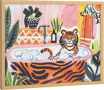 Kate and Laurel Bold Maximalist Tiger in Bubble Bath Framed Wall Art by The Creative Bunch Studio, 16x12 Gold, Cute Animal Bathroom Art for Wall