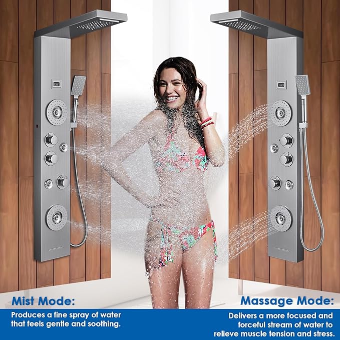 ROVOGO Shower Panel with Rainfall, Waterfall Shower Head, 2-Type Body Jets, Handheld and Tub Spout, Shower Tower System with Led Lights and Temperature Display, 304 Stainless Steel Brushed