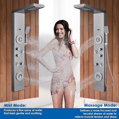 ROVOGO Shower Panel with Rainfall, Waterfall Shower Head, 2-Type Body Jets, Handheld and Tub Spout, Shower Tower System with Led Lights and Temperature Display, 304 Stainless Steel Brushed