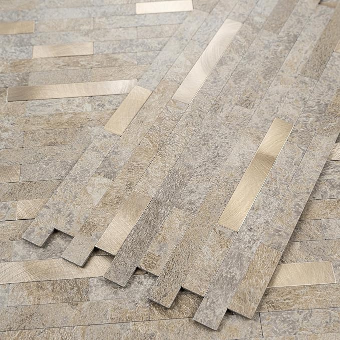StyloVue 20 Sheets Peel and Stick Backsplash, Dark Beige with Metal Gold Look PVC Wall Tiles Upgrade Your Kitchen Backsplash, RV, Fireplace