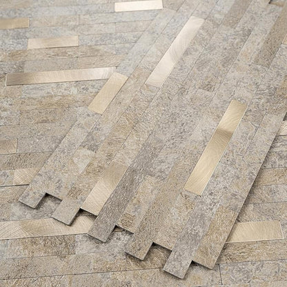 StyloVue 20 Sheets Peel and Stick Backsplash, Dark Beige with Metal Gold Look PVC Wall Tiles Upgrade Your Kitchen Backsplash, RV, Fireplace