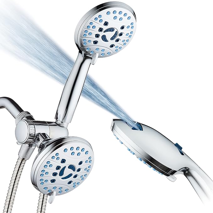 AquaCare 48-mode High Pressure 3-way Shower Head Combo w/ 2-mode Power Wash | Pure Clean Jets, Dual Handheld Power Wash for Tub, Tile & Pets, Long 6 ft. Stainless Steel Hose, Extra Wall Bracket / Chrome