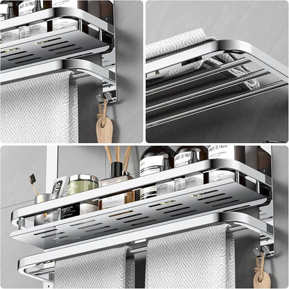 CAXIMSY Towel Rack with Shelf, 22.63" Bathroom Shelf with Double Towel Bars Stainless Steel, Wall Mounted, Foldable Top, 2 Hooks, Adhesive/Screw Install, Space-Saving for Small Bathrooms & Apartments