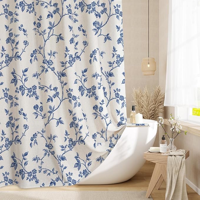 MitoVilla Navy Blue Linen Floral Shower Curtain for Bathroom, 72 x 72 | Navy Blue BoHo Cottagecore Spring Shower Curtains, Modern Farmhouse Country Plant Leaves Bathroom Décor, 72 x 72