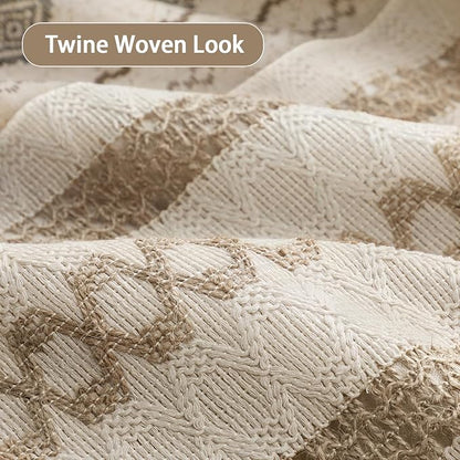 Boho Linen Shower Curtain for Bathroom,with Striped Print and Twine-Inspired Woven Center,Extra Long 72" W x 96" L,Beige
