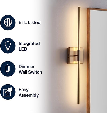 JONATHAN Y 28" Brass Gold Modern Dimmable Integrated LED Wall Sconce, Metal Vanity Light for Bathroom Mirror Bedroom Hallway, Sleek Hardwired Wall Lamp Fixture, 3000K (JYL7022B)