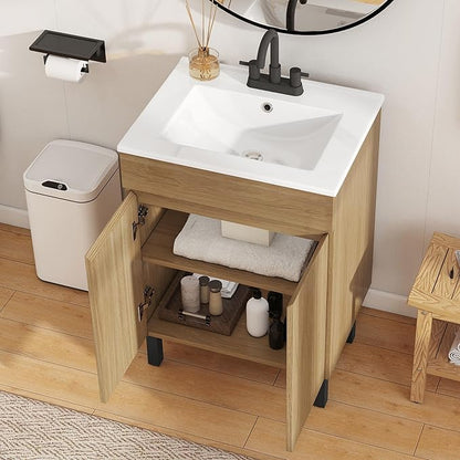 YITAHOME 24 Inch Bathroom Vanity with Sink, Bathroom Cabinet Vanity for Small Space, Freestanding Storage Bathroom Vanity with 2 Soft Closing Cabinets, Natural Brown