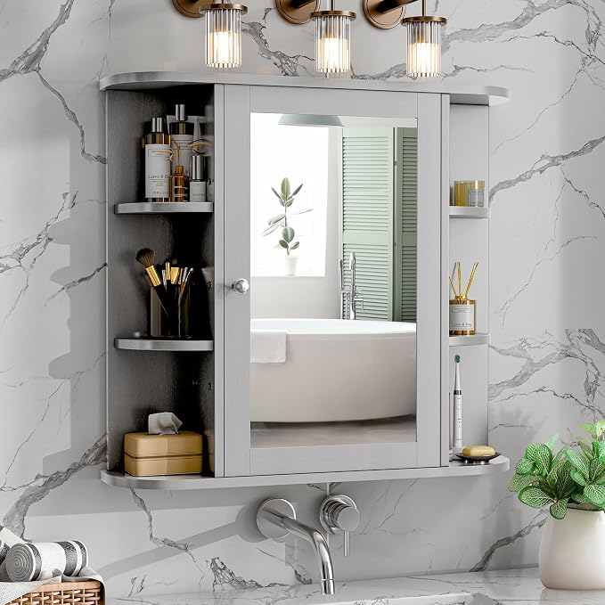 Bathroom Mirror Cabinet Wall Mounted, Medicine Cabinet with Mirror and 6 Open Shelves, Modern Bathroom Wall Cabinets Medicine Cabinets, Grey