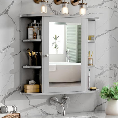 Bathroom Mirror Cabinet Wall Mounted, Medicine Cabinet with Mirror and 6 Open Shelves, Modern Bathroom Wall Cabinets Medicine Cabinets, Grey