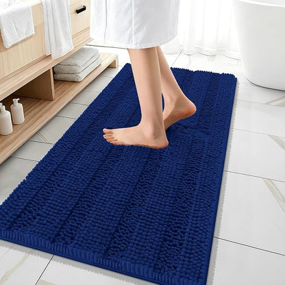 OLANLY Thick Bathroom Runner Rugs 47x20, Soft Chenille Long Bath Rugs, Navy | Absorbent Striped, Rubber Backing, Machine Wash, Bath Mats for Bathroom Floor, Tub and Shower, Home Decor Accessories