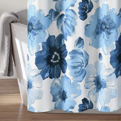 Lush Decor Leah Floral Shower Curtain, 72" W x 72" L, Navy & White - Fabric Shower Curtains - Watercolor Botanical Bathroom Curtain - Farmhouse & French Country Decor