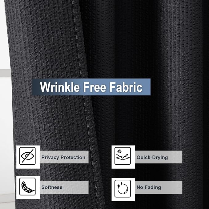 Black Shower Curtain for Bathroom 78 Inches Long, 3D Embossed Textured Fabric Farmhouse Shower Curtain Soft Cloth, Water Repellent, Machine Washable, Hotel Style, 72" W x 78" L, Black