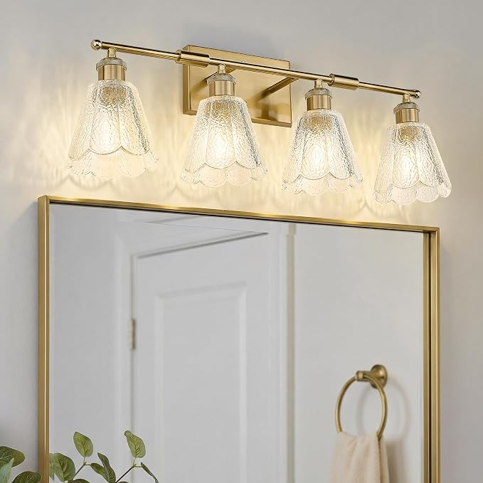 HWH 4-Light Bathroom Light Fixture, Clear Floral Glass, 5HJX110B-4W BG | Brushed Gold Finish, Modern, 27 Inch Vanity Lights Over Mirror, Sconce Wall Lighting for Bedroom, E26 Base For Common Bulbs