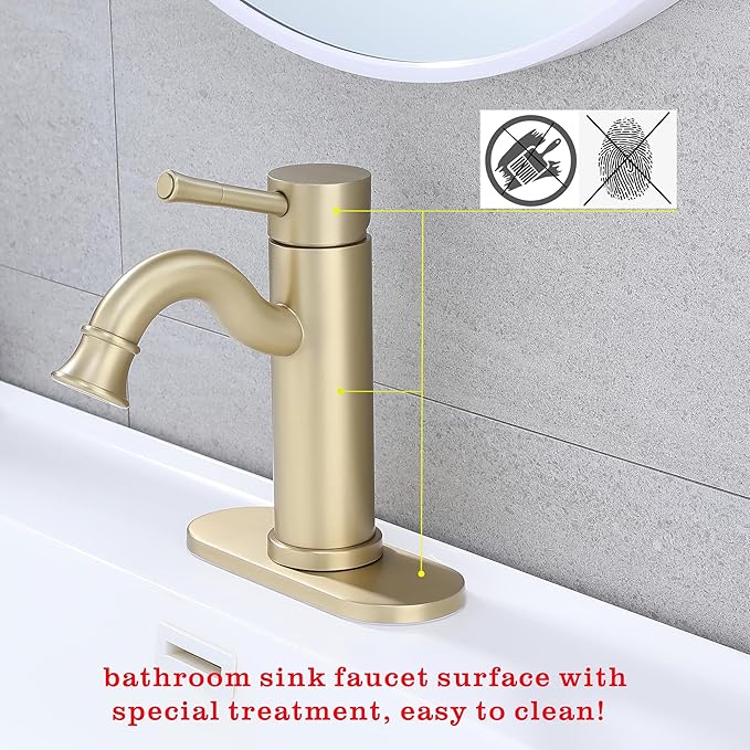 Bropury Hot and Cold Mixed Water Bathroom Sink Faucet, Single Handle 1 or 3 Hole Stainless Steel Vanity Faucet for Bathroom Sink (Contemporary, Brushed Gold)