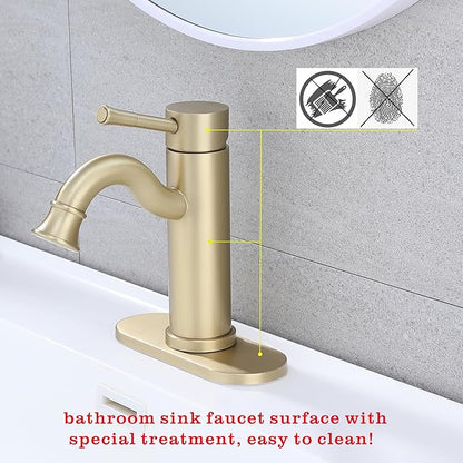 Bropury Hot and Cold Mixed Water Bathroom Sink Faucet, Single Handle 1 or 3 Hole Stainless Steel Vanity Faucet for Bathroom Sink (Contemporary, Brushed Gold)