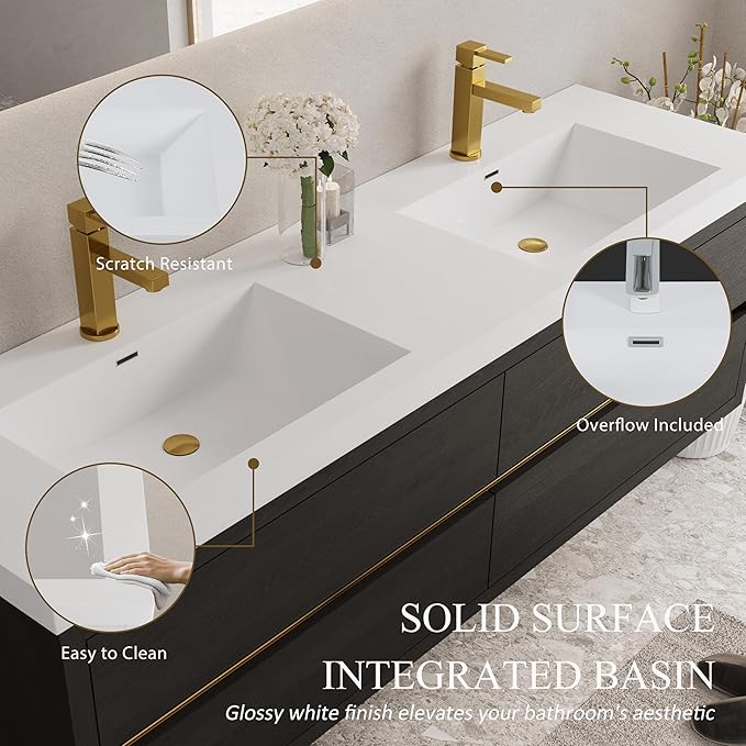 Abruzzo 72" Espresso Wood Wall-Mounted Bathroom Vanity with Double Sink – Stone Resin Countertop & Soft-Close Drawers, Waterproof Wood Cabinet for Bathrooms