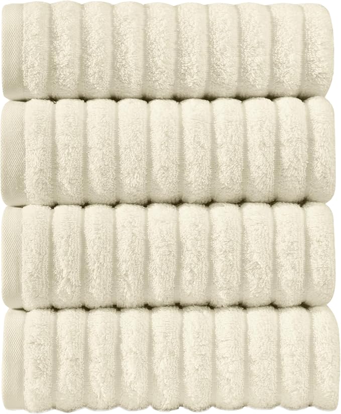 Elegant Comfort Luxury 100% Turkish Cotton Corduroy Ribbed 4 Pack Hand Towel Set 16 x 28 Inch - Absorbent, Super Soft, Quick Dry, Premium Towels for Bathroom, Gym, Spa and Hotel Use, Ivory